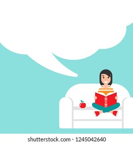 cute girl with red book siting on sofa with apple and big speech bubble. creative student. study or education flat vector illustration on blue background. Reading and learning. Hints and tints. 