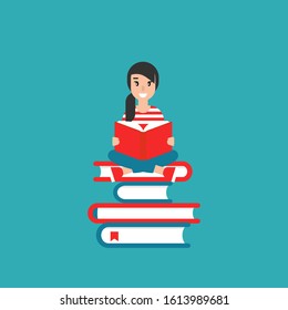cute girl with red book siting on stack of books on wide blue background. creative student. study or education flat vector illustration on blue background. Reading and learning.