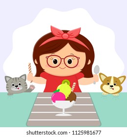 A cute girl with a red bow in glasses is sitting at the table and eating ice cream. The cat and the dog are watching. Cartoon style, flat, vector.