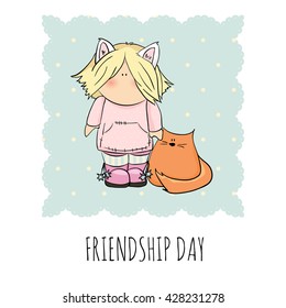 cute girl with red cat. doodle vector illustration. friendship day. girl with cat ears. congratulations card