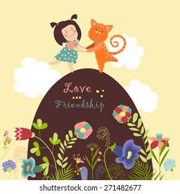 Cute girl with red cat. Vector illustration