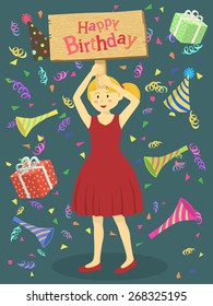 A cute girl with red dress holding birthday greeting board in blue background.