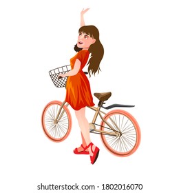 Cute girl in a red dress stands next to the bike and waves her hand. Isolated vector illustration in cartoon style