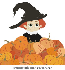 Cute girl with red hair in big witch hat with pumpkins. Child cartoon character. Autumn harvest or Halloween vector. Colorful hand drawn flat illustration isolated on white background