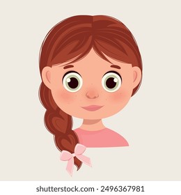 A cute girl with red hair, big eyes, freckles and rosy cheeks.