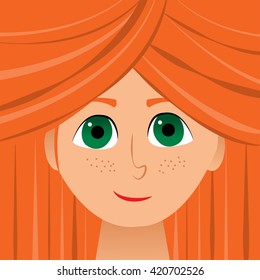 Cute girl with red hair and freckles. Hair like a curtain. Inscribed in a square. Beautiful green eyes. Vector stock illustration. Cartoon style. Avatar. Userpic. Carrots hair. Foxy hair, redhead.