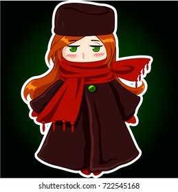 Cute girl with red hair and green eyes. Vector illustration. Cartoon sticker in japanese comic style. Isolated on dark background.