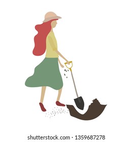 Cute girl with red hair in hat digging in garden. Young adult woman with shovel doing spring, summer farm work: planting, growing. Female character. Colorful vector illustration. Flat cartoon style