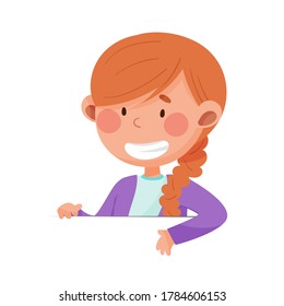 Cute Girl with Red Hair Sitting at Table or School Desk Vector Illustration
