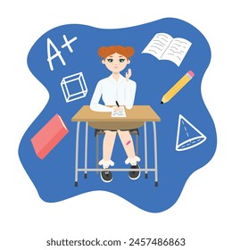Cute girl with red hair sitting at a school desk near book pencil mark. Back to school edition. Flat vector. Background blue