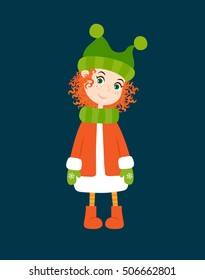 Cute girl with red hair wearing a hat, coat and boots on a dark background