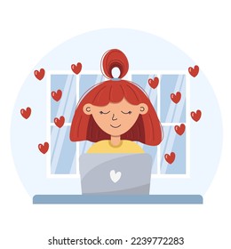 Cute girl with red hair work by laptop near window at home. Female freelancer loves her job. Designer or photographer behind desktop. Freelance or studying concept. Vector illustration.