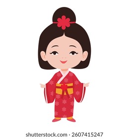 Cute Girl in Red Kimono Illustration 