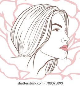 Cute Girl with red Lips on a pink floral background.