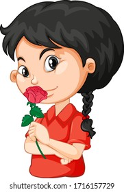 Cute girl and red rose on white background illustration