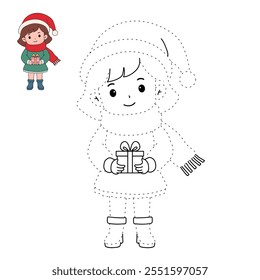 Cute girl with red scarf and christmas gift coloring pages for kids. Trace and color girl with red scarf. Christmas character. Holiday seasons worksheet printable for kids. Christmas worksheet.