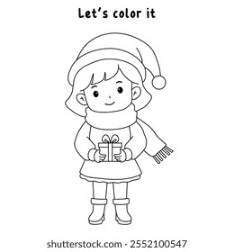 Cute girl with red scarf and christmas gift coloring pages for kids. Trace and color girl with red scarf. Christmas character. Holiday seasons worksheet printable for kids. Christmas worksheet.