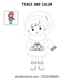 Cute girl with red scarf and christmas gift coloring pages for kids. Trace and color girl with red scarf christmas character. Holiday seasons worksheet printable for kids. Christmas worksheet.