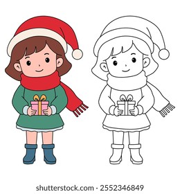 Cute girl with red scarf and christmas gift coloring pages for kids. Trace and color girl with red scarf christmas character. Holiday seasons worksheet printable for kids. Christmas worksheet.