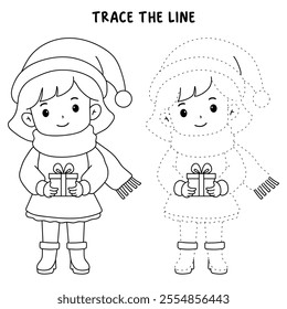 Cute girl with red scarf and christmas gift coloring pages for kids. Trace and color girl with red scarf christmas character. Holiday seasons worksheet printable for kids. Christmas worksheet.