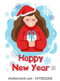 Cute girl in red sweater and Santa hat holding a gift box on winter blue snowflakes background. Happy New Year card. Vector cartoon style