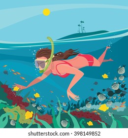 Cute girl in red swimsuit swimming under water with mask and snorkel around the coral reef - Underwater world or snorkeling concept. Vector illustration