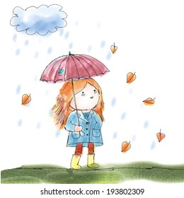  Cute girl with red umbrella. Vector illustration.