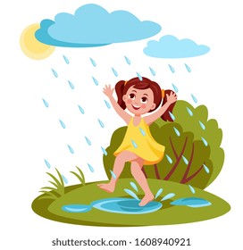 Cute girl rejoices in summer rain, jumps barefoot through puddles