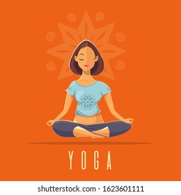 Cute girl relaxes in lotus position. Yoga girl. Young woman practicing yoga. Vector illustration