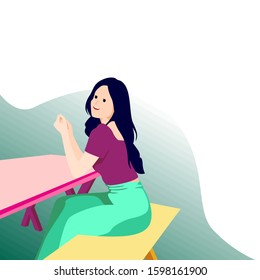 Cute girl relaxing on bench at park. Vector flat illustration. Eps 10