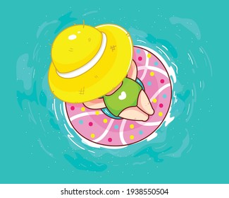 Cute Girl Relaxing On Donut Rubber Ring In The Pool In Summer Cartoon Illustration