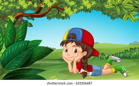 Cute girl relaxing in the park illustration