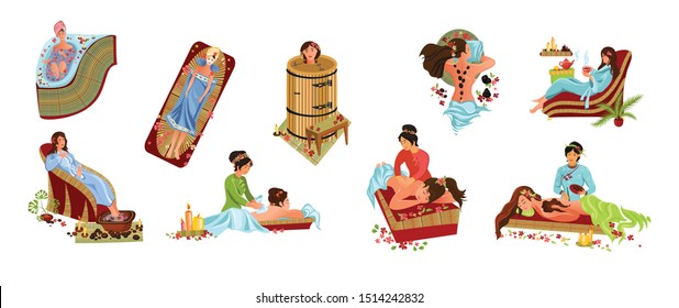 Cute girl relaxing at spa salon and taking spa treatment vector illustration in the flat cartoon style set