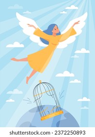 Cute girl is released from cage. Gaining freedom, life change process, angel flies to sun, emancipation day, exceed limits, Independence and liberty cartoon flat isolated vector concept