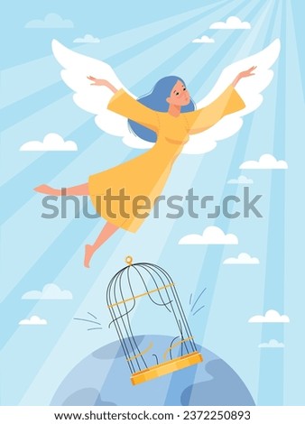 Cute girl is released from cage. Gaining freedom, life change process, angel flies to sun, emancipation day, exceed limits, Independence and liberty cartoon flat isolated vector concept