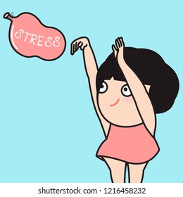 Cute Girl Releasing A Balloon With Stress Words Write On It Concept Card Character illustration