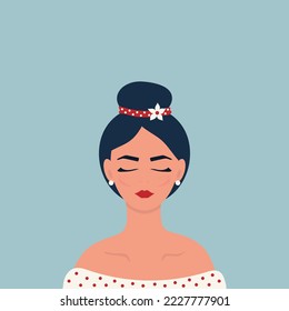 Cute girl in retro style with a bun on her head. Cards with minimalistic illustrations. vector illustration
