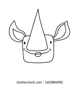 Cute girl rhino with long acute nose with a smile on his face in doodle style isolated on white background.Vector outline stock illustration.Coloring book for kids.Sticker, logo, print.Face sign page.