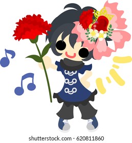 A cute girl and a ribbon of carnations