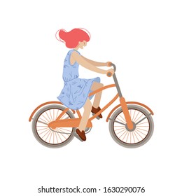 Cute girl ride a city bike. Smiling happy woman on a bicycle, vector illustration, doing summer sport activities, isolated on white background