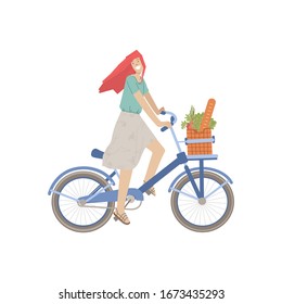 Cute Girl Ride A City Bike With Product Basket, Full Of Bread, Greenery Food, Vegetables. Smiling Happy Girl On A Bicycle, Vector Illustration, Riding From Food Shop, Doing Summer Sport Activity.