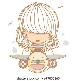 Cute girl ride helicopter. Vector illustration, character design. Unique.