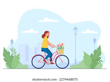 Cute girl rides a bicycle in a park outside the city. Young woman on a bicycle. Charming woman cyclist. Vector illustration