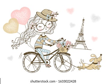 Cute girl rides a bike with her dog in Paris. Vector.