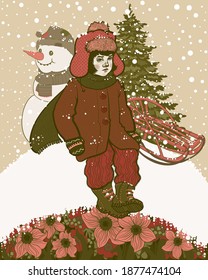 cute girl rides a slide in a snowy winter, when flowers are waiting for spring under the snowdrifts