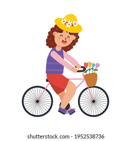 Cute girl riding bicycle with flower basket in cartoon style. Young girl in yellow hat traveling on bike. Spring and summer vector illustration