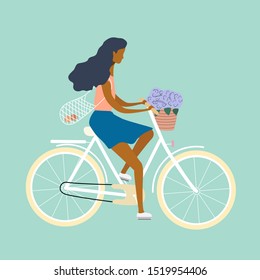Cute girl is riding bicycle with flowers in front basket. Beauty woman on bike. Flat cartoon colorful vector illustration for banner, web, mobile app, flyer, poster, print, t-shirt
