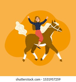 Cute girl riding a horse. Cartoon Vector illustration