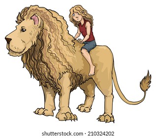 Cute girl riding a huge Lion king, vector illustration