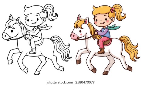 Cute Girl Riding on A Horse or Pony line art with fill-colored sample Printable. Isolated on White Background Outline Vector Illustration. Bold and Easy Domestic Animal Coloring Page for Adults and Ki